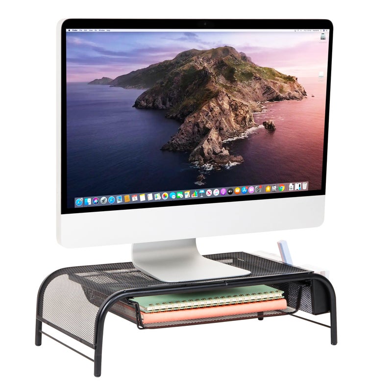 Mind Reader Monitor Stand, Ventilated Laptop Riser, Paper Tray, Storage, Office, Metal Mesh, 20"L x 11.5"W x 5.5"H, Black - Image 1